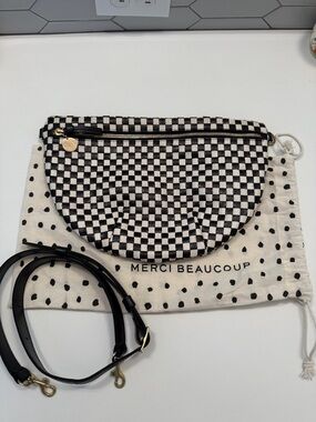 Clare V Black & Cream Checker Leather Grande Fanny Crossbody Bag